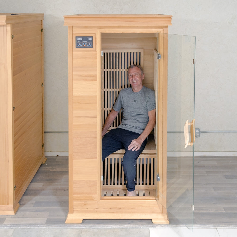 “P-01” Single-Person Indoor Far Infrared Sauna Hemlock Wood with Tempered Glass Door