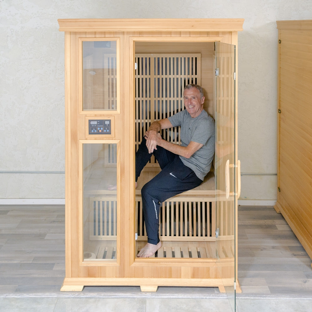 “P-02” Two-Person Indoor Far Infrared Sauna Hemlock Wood with Tempered Glass Front and Door