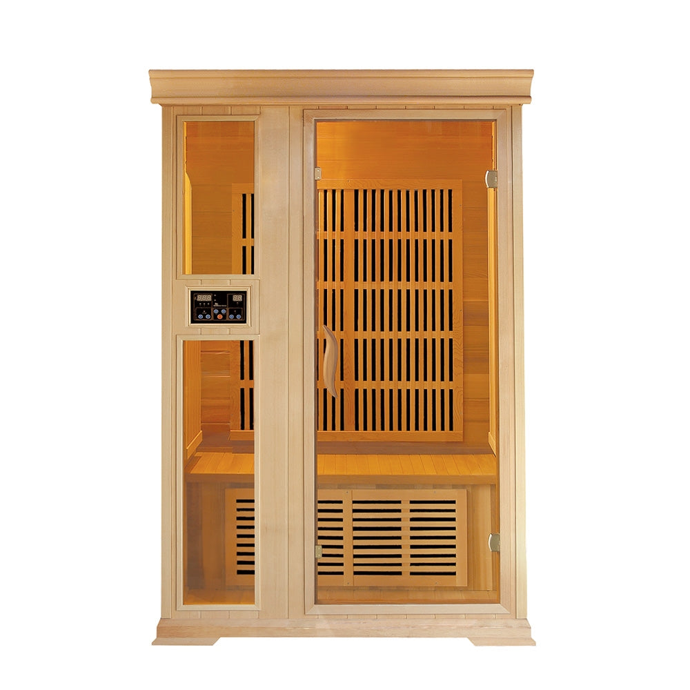“P-02” Two-Person Indoor Far Infrared Sauna Hemlock Wood with Tempered Glass Front and Door