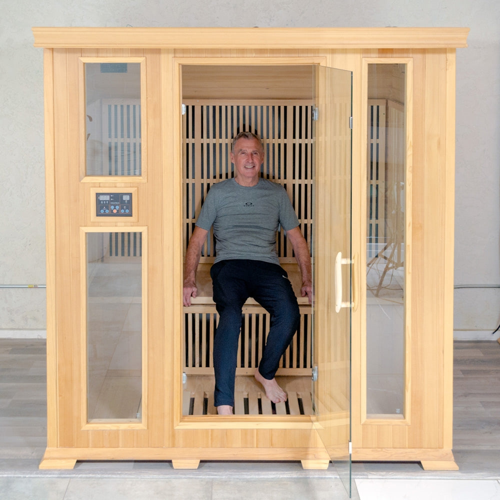 “P-04” Three to Four Person Indoor Far Infrared Sauna Hemlock Wood with Tempered Glass Front and Door