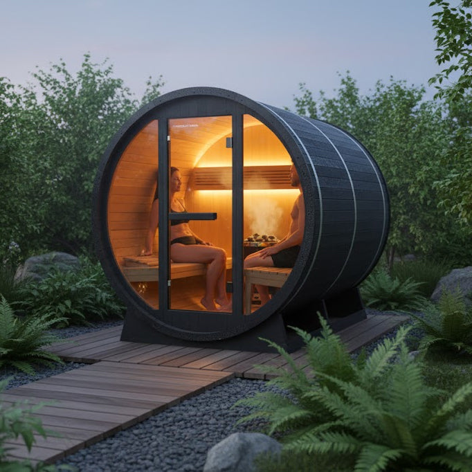 Shou Sugi Ban Barrel Sauna Lifestyle Picture