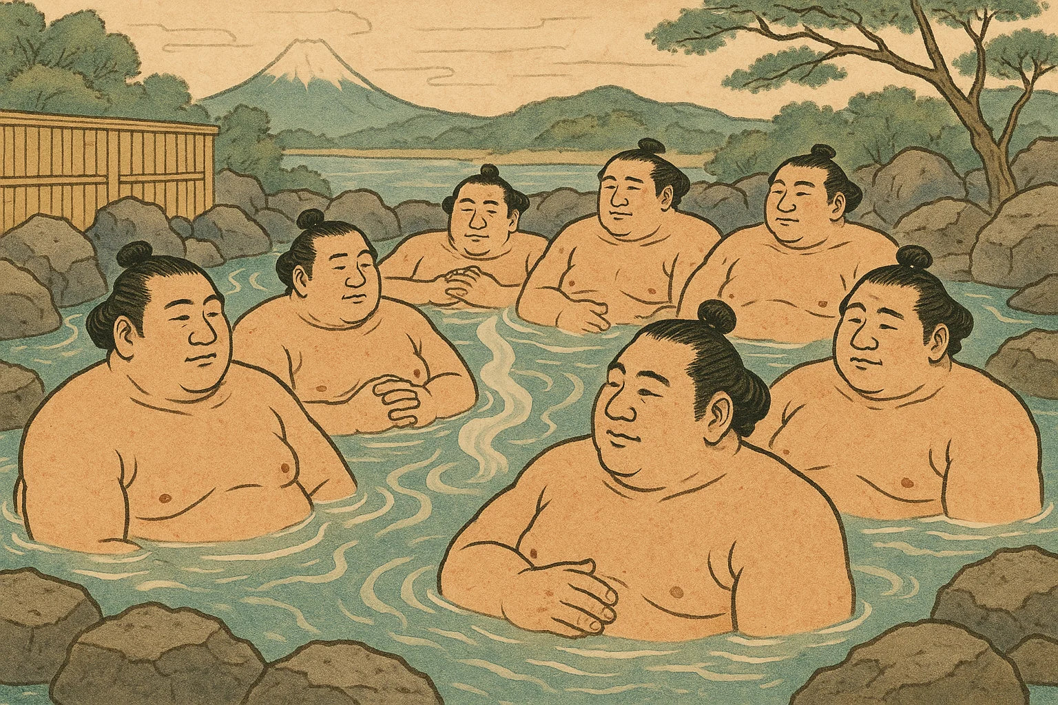 Illustration of sumo wrestlers in a hot spring with Mount Fuji in the background