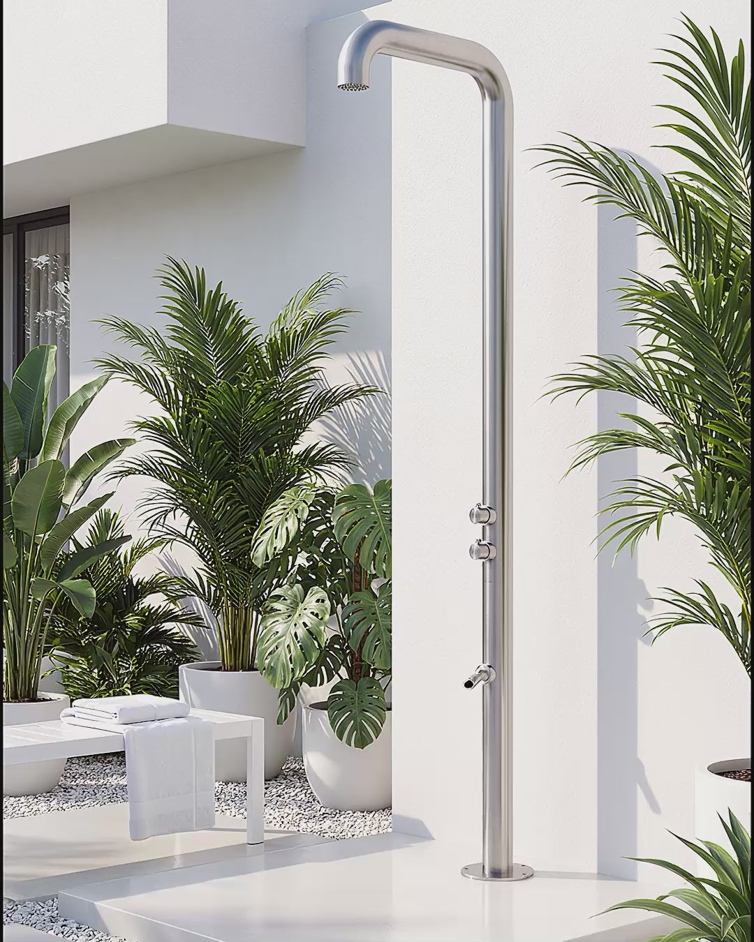 A short video of a model using the TherapySpa OS-16 freestanding outdoor shower.